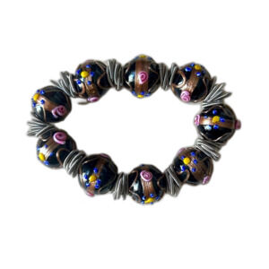 BRACELET Glass Beads and Silver Coil Bracelet Elastic